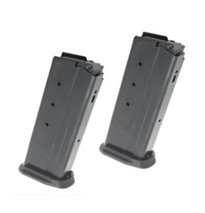 Two black firearm magazines on white background.