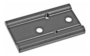 Metal mounting bracket with holes and grooves.