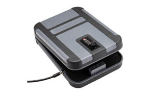 Portable lockbox with combination lock and security cable.