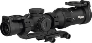 Tactical rifle scope with mounting brackets.