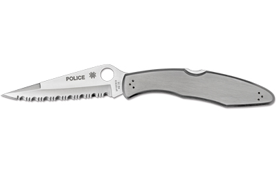 Serrated folding knife with stainless steel handle.