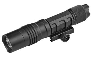 Black tactical flashlight on white background