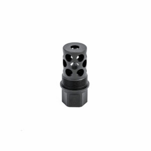 Black cylindrical metal muzzle brake with holes.