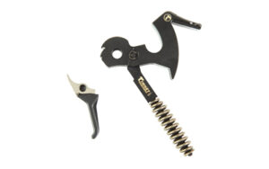 Firearm trigger assembly and hammer components on white background.