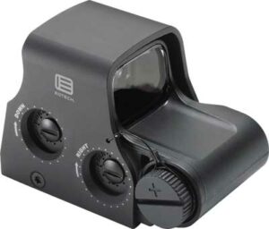 Tactical holographic weapon sight with adjustment knobs.