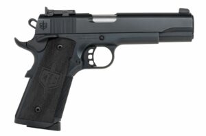 Close-up of a black handgun, side view.