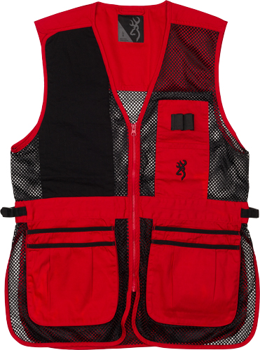 Red and black mesh shooting vest with pockets.