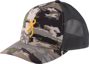 Camouflage trucker cap with embroidered yellow logo