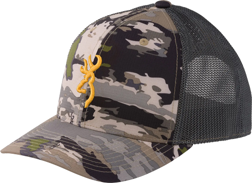 Camouflage trucker cap with embroidered yellow logo