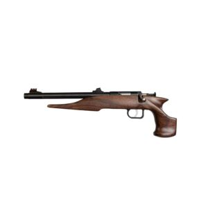 Wooden air rifle side view on white background.