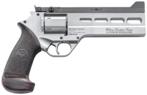 Chiappa Rhino 60DS revolver, silver with wooden grip.