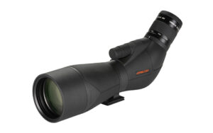 Black spotting scope with angled eyepiece.