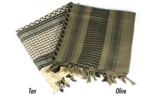 Tan and olive shemagh scarves with fringe detailing