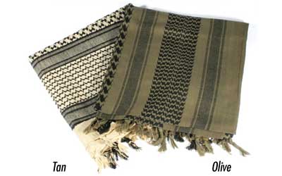 Tan and olive shemagh scarves with fringe detailing