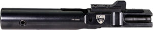 Rifle bolt carrier group, black finish, side view.