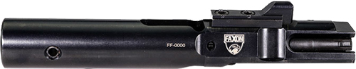 Rifle bolt carrier group, black finish, side view.