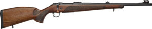 Wooden hunting rifle with a scope and barrel.