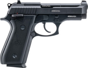 Black semi-automatic handgun, left side view.