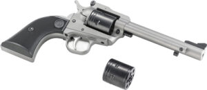 Revolver pistol with extra cylinder on white background.