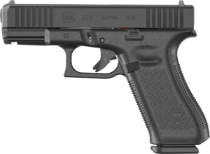 Black semi-automatic handgun, side view