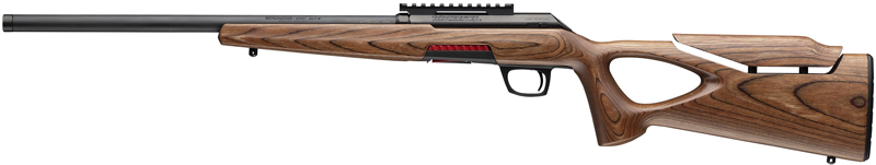 Wooden rifle with scope rail, side view.