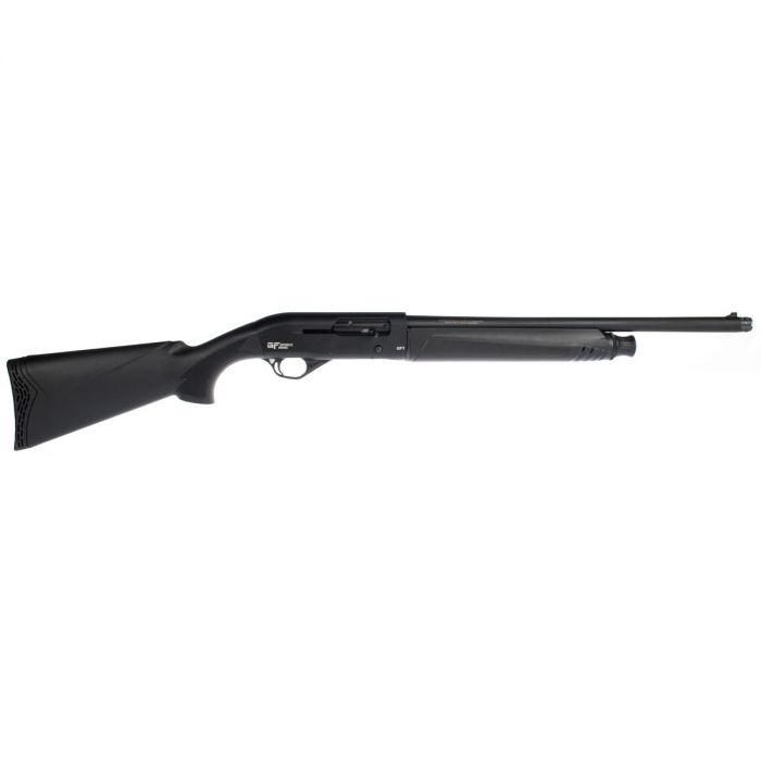 Black semi-automatic shotgun, side view.
