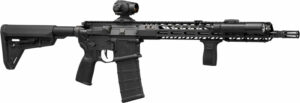 Modern tactical rifle equipped with scope and flashlight.