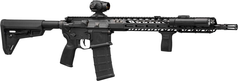 Modern tactical rifle equipped with scope and flashlight.