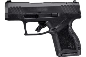 Black compact handgun with textured grip.