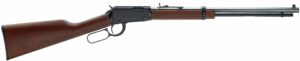 Lever-action rifle with wooden stock and metal barrel.