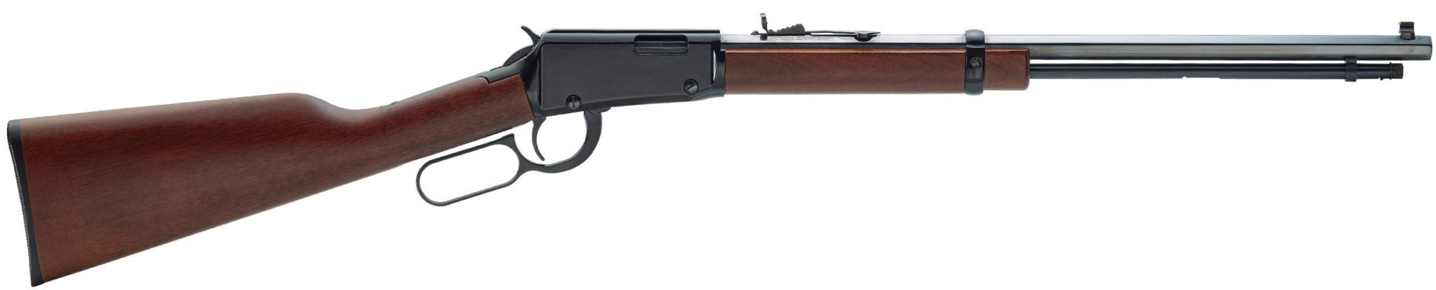 Lever-action rifle with wooden stock and metal barrel.