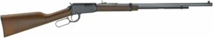 Lever-action rifle with wood stock and long barrel.