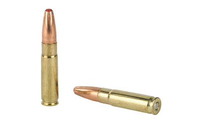 Two rifle bullets, one standing, one lying down.