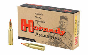 Hornady ammunition box with bullets displayed
