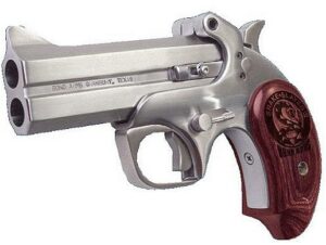Silver double-barreled derringer handgun with engraved grip.
