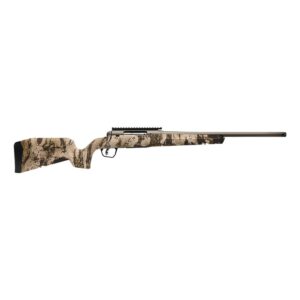 Camo rifle with long barrel on white background.