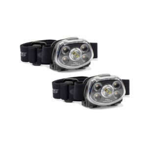 Two black headlamps with adjustable straps