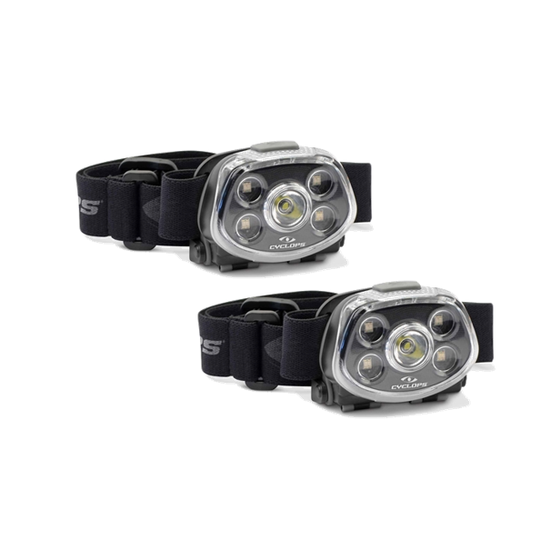 Two black headlamps with adjustable straps