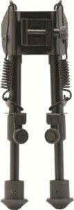 Adjustable black rifle bipod with springs and knobs.