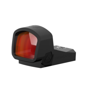 Black red dot sight optic on white background.
