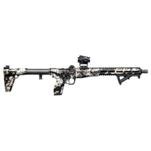 Camo-patterned semi-automatic rifle with optics mount.