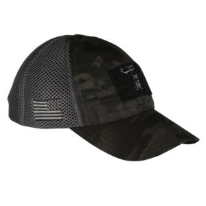 Camouflage cap with mesh and flag patch.