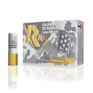 Rio buckshot ammunition, low recoil, 12 gauge cartridges.