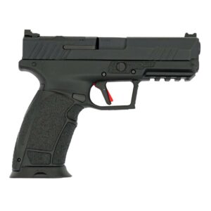 Black handgun side view with textured grip