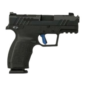 Black handgun with blue trigger