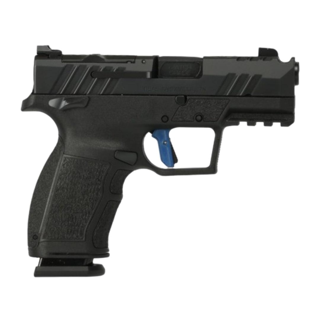 Black handgun with blue trigger