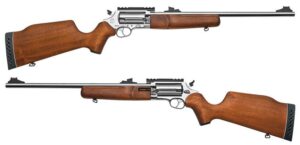 Revolver rifles with wooden stocks, side view.