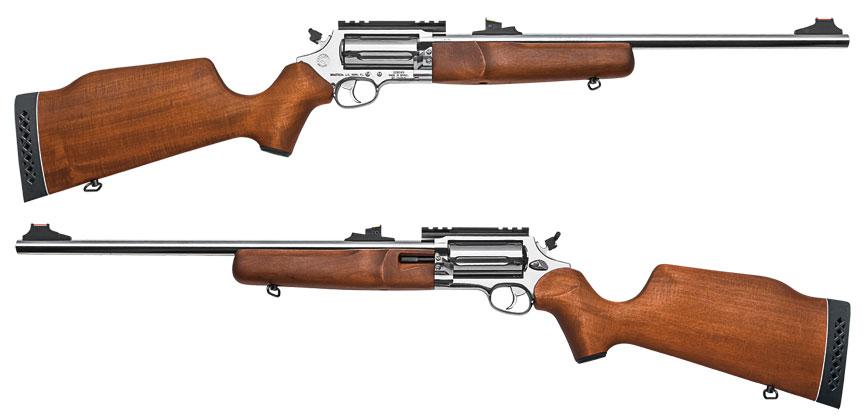 Revolver rifles with wooden stocks, side view.