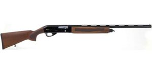 Wooden stocked semi-automatic shotgun on white background.