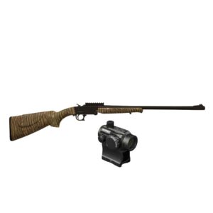 Camo hunting rifle with mounted scope.